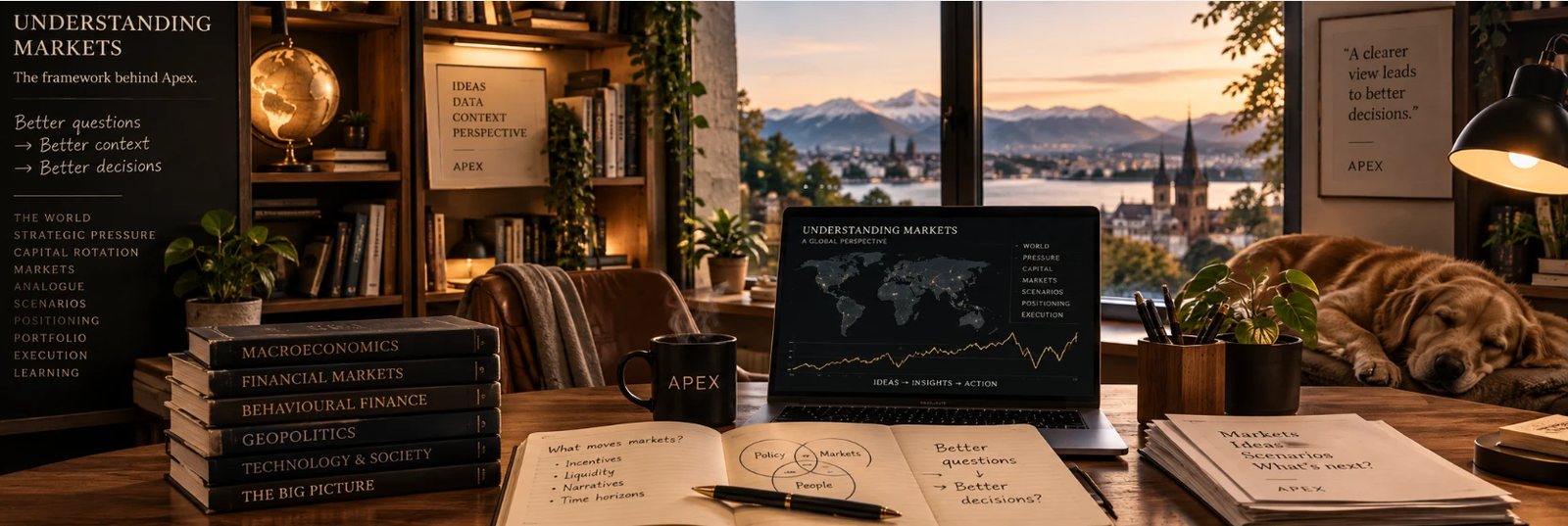 A study at dusk: books on macroeconomics, markets, behavioural finance and geopolitics, a laptop showing the Apex world view, a notebook asking what moves markets, and a dog asleep by the window