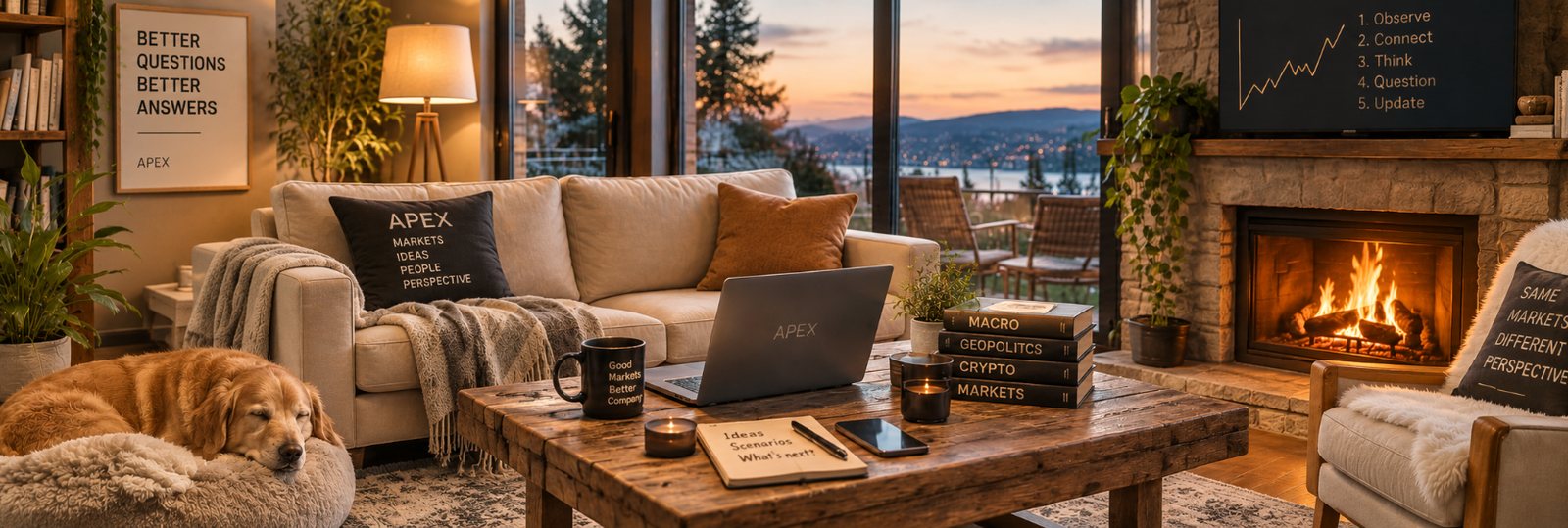 A living room by the fire: a sofa with an Apex cushion, a laptop, books on macro, geopolitics, crypto and markets, and a dog asleep by the table